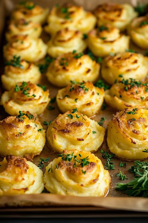 These Duchess Potatoes are perfect for special occasions like holiday meals or dinner parties! They’re crispy on the outside and perfectly fluffy inside. Duchess Potatoes Recipe, Princess Potatoes, Potluck Ideas Crowd Pleasers, Fancy Potato Recipes, Dutchess Potatoes, Mashed Potato Bites, Christmas Potatoes, Duchess Potatoes, Recipes Potatoes