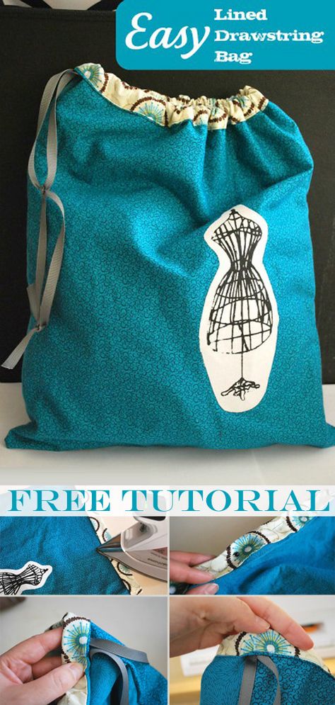 Easy Lined Drawstring Bag Tutorial How To Sew A Lined Drawstring Bag, Lined Drawstring Bag Diy, Easy Draw String Bag, Drawstring Bag Pattern Free, Lined Drawstring Bag Tutorial, Laundry Bags Diy, Diy Duffle Bag, Drawstring Bag Tutorial, Lined Drawstring Bag