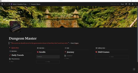 This Notion page is available to purchase. It's personal Notion page is built for Dungeons & Dragons players who want a place to track their life and games alongside each other, but it could easily be adapted to any other TTRPG aesthetic. It has a daily page, a note page, a planning page, and a D&D games page. The D&D games page has a template for your own campaign and characters you play in others campaigns. There's a place for session notes and tracking NPCs. Ttrpg Aesthetic, Dungeons And Dragons Aesthetic, Personal Notion, Notion Ideas, Daily Page, Dungeons Dragons, Dungeon Master, Dungeons And Dragons, New Day
