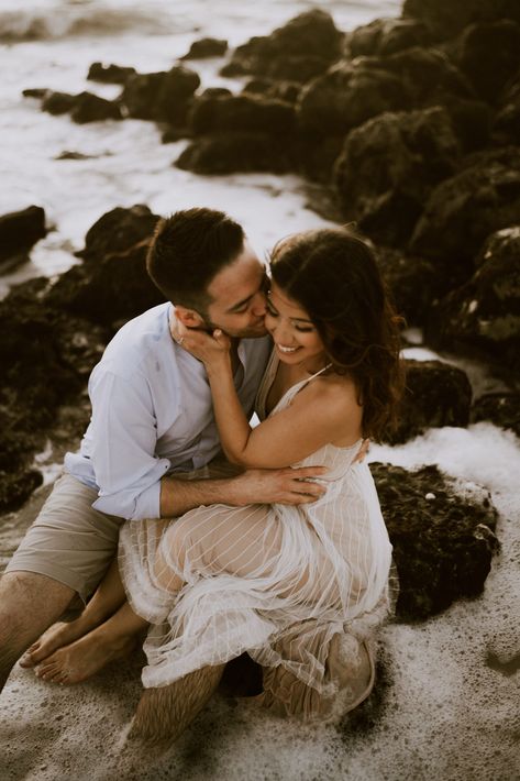 South Florida Romantic Engagement session on the beach in the water by rocks - engagement photography- Moody Romantic Engagement Photos - intimate couple pictures - relationship goals - romantic couples - engagement photo ideas Skiing Clothes, Funny Engagement Photos, Engagement Pictures Beach, Country Engagement Pictures, Couples Beach Photography, Couple Beach Pictures, Beach Engagement Photoshoot, Engagement Shots, Romantic Engagement Photos