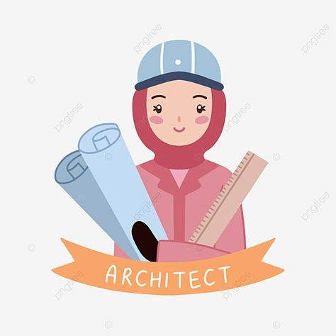 Architect Illustration Character, Architect Character, Architect Cartoon, Architect Blueprint, Architect Illustration, Architecture Girl, Engineer Cartoon, Pink Hijab, Interior Architecture Drawing