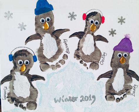 Handprint Nutcracker, Christmas Hand And Footprint Ideas, January Footprint Art For Babies, Penguin Handprint Craft, Penguin Footprint Art, Penguin Toddler Craft, Hand And Footprint Christmas Art, Winter Footprint Art For Babies, Holiday Preschool Crafts