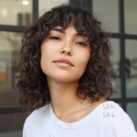 Curtain Bangs For Curly Hair Short, Soft Curtain Bangs Curly Hair, Curly Short Hair With Curtain Bangs, Perm Bangs, Certain Bangs Curly Hair, Curly Lob Curtain Bangs, Naturally Curly Curtain Bangs Short Hair, Curtain Bangs With Natural Curly Hair, Curly Lob Haircut With Bangs