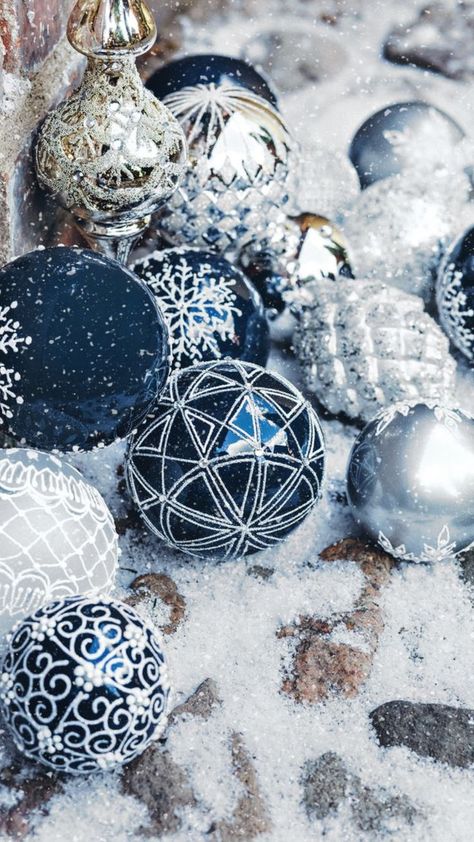 Get your home ready for Christmas with festive decor! Explore more ideas on my blog!!🎄✨ Midnight Blue Christmas Decorations, Christmas Trees Decorations, Winter Aesthetics, Christmas Tree Decorating, Blue Christmas Decor, Christmas Party Themes, Christmas Collage, Season Greetings, Silver Christmas Tree