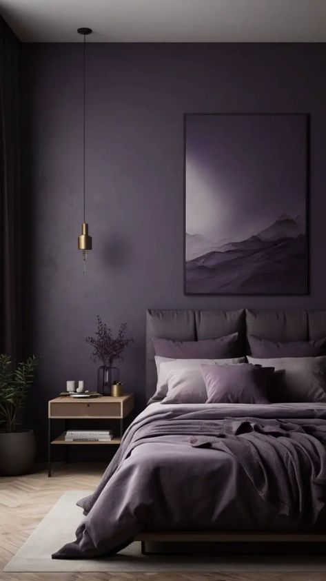 Parents Room Interior Design, Dark Purple Room Decor Ideas Bedrooms, Dark Purple Room Paint, Dark Purple Interior Paint, Dark Purple Interior Design, Dark Purple Decorations, Dark Purple Paint Colors Bedroom, Purple Bedroom Colors, Deep Purple Bedroom Ideas