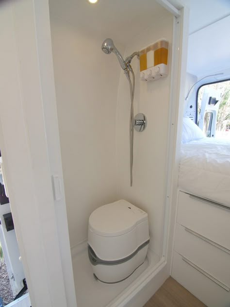 Building a Wet Bath and Shower into Promaster DIY Camper Van Camper Van Shower, Diy Camper Van, Wet Bath, Camper Bathroom, Kitchen Garbage, Diy Camper Trailer, Cargo Trailer Camper, Kombi Home, Van Conversion Interior