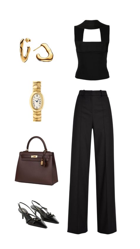 Black And Gold Outfit Ideas, Gold Outfit Ideas, Black And Gold Outfit, Outfit Old Money, Golden Accessories, Black Ootd, Boss Style, Model Clothes, Outfit Ideas Casual