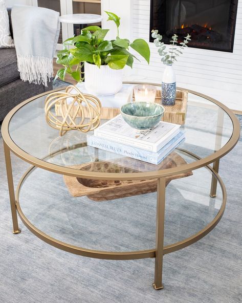 Glass Coffee Table Decor, Round Coffee Table Styling, Round Coffee Table Decor, Small Round Coffee Table, Round Living Room Table, Coffee Table Decor Living Room, Circle Coffee Tables, Round Living Room, Round Glass Table