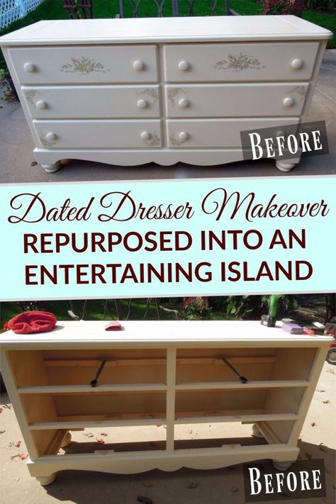 Diy Dresser Storage Ideas, Repurposed Dresser Tv Stand, Repurpose Dresser To Kitchen Island, What To Do With Old Dressers, Diy Old Dresser Ideas Projects, Redoing Dressers Ideas, Old Dressers Repurposed, Repurposed Dresser Ideas, Dresser To Bench