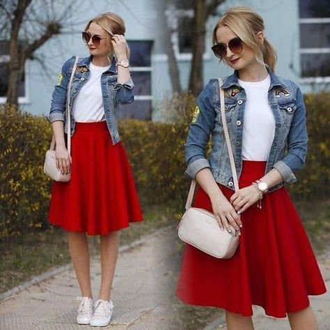 #fashion, #style, #outfitinspiration, #beauty Red A Line Skirt Outfit, Colored Skirt Outfits, Red Midi Skirt Outfit, Red Skirt Outfits, A Line Skirt Outfits, Rock Outfit, Skirt And Sneakers, Elegante Casual, Red Skirt