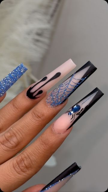 Bougie Halloween Nails, Black Nails With Blue Design, Blue And Black Halloween Nails, Spooky Short Nails Acrylic, Light Blue Halloween Nails, Blue Spooky Nails, Blue Nails Halloween, Dark Blue Halloween Nails, Corpse Bride Nail Designs