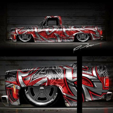 Car Graffiti Art, Truck Art Painting, C10 Restomod, Jeep Wrangler Pickup, Wrangler Pickup, Graffiti Car, American Pickup Trucks, Lowrider Trucks, Dropped Trucks