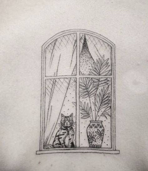 Vintage Window Tattoo, Cat On Windowsill Tattoo, Framed Cat Tattoo, Dog In Window Tattoo, Windowsill Tattoo, Window Sill Tattoo, Cat Window Tattoo, Open Window Tattoo, Cat In Window Tattoo