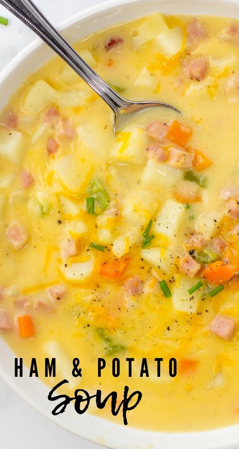 Cheesy Ham and Potato Soup, leftover ham recipe, simple soup recipe, loaded ham and potato soup, meal prep soup Ham Potato Carrot Soup, Flakes Of Ham Recipes, Ham Soup Recipes Leftover, Home Made Soup Recipes, Home Made Soups, Meal Prep Soup, Potato Ham Soup, Soup Meal Prep, Cheesy Ham And Potato Soup