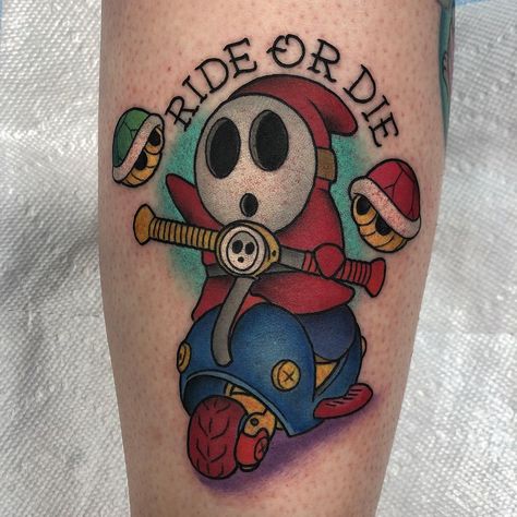 Shy Guy Mario Kart, Shy Guy Tattoo, Mario Kart Tattoo, Shy Guy Mario, Couple Tattoo Heart, Super Mario Tattoo, Alex Strangler, Game Tattoo, Video Game Tattoos