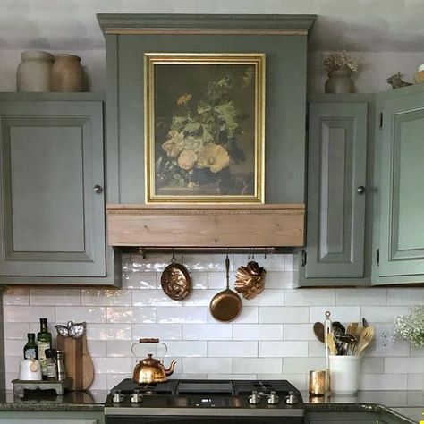 Tudor Kitchen Cabinets, Painted Cabinets Kitchen Ideas, Vintage Cabinet Colors, Victorian Cottage Kitchen Ideas, Best Kitchen Upgrades, Vintage Traditional Kitchen, Granite With Green Cabinets, Green French Country Kitchen, Sw Thunderous Cabinets