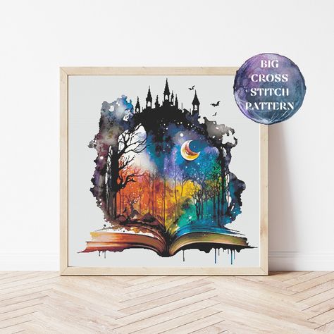 Library Cross Stitch, Castle Cross Stitch Pattern, Castle Cross Stitch, Full Coverage Cross Stitch, Cross Stitch Modern, Cross Stitch Supplies, Needlepoint Patterns, Magic Book, Back Stitch