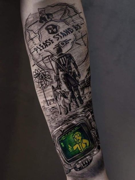 Fallout 4 Tattoos, Playstation Tattoo, Bioshock Tattoo, Skyrim Tattoo, Fallout Tattoo, Video Game Tattoos, Vegas Tattoo, Gamer Tattoos, Fallout Game