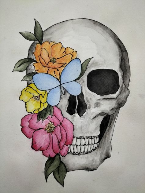 Sculls Art Drawing, Floral Skull Drawing, Skull Drawing Aesthetic, Skull Sketch Simple, Skull Design Drawing, Day Of The Dead Drawings, Easy Skull Drawings, Skull Watercolor, Markers Drawing Ideas