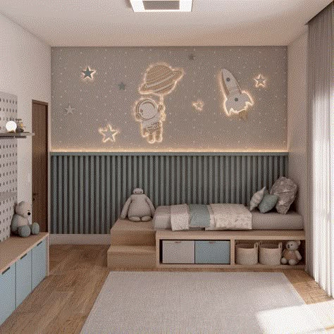 Astronaut Bedroom :: Behance Neutral Space Theme Bedroom, Toddler Boy Room Space, Kids Accent Wall Boys, Baby Boy Space Theme Nursery, Kids Room Bed Design, Boys Space Bedroom Ideas, Toddler Room Ideas Boy, Boys Space Theme Bedroom, Small Toddler Bedroom Boy