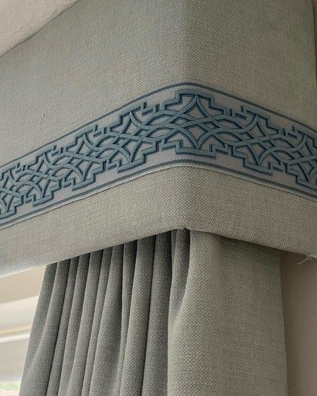 Curtain Pelmet, Curtains And Pelmets, Curtain Trim, Bay Window Curtains, Samuel And Sons, Plain Curtains, Kitchen Window Treatments, Blue Curtains, Embroidered Border