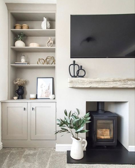 Log Burner Tv Wall, Alcove Ideas Living Room, Alcove Ideas, Log Burner Living Room, Tv Wall Ideas, Lounge Room Styling, Indoor Fireplaces, Uk House, Room Fireplace