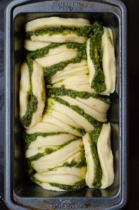 Pull-Apart Pesto Bread: Soft and fluffy pull-apart bread filled with zesty, herbed pesto. Pesto Bread, Bread Photography, Healthy Pesto, Bread Pull Apart Recipes, Leftover Dough, Holidays 2023, Bread Soft, Pesto Pizza, Waiting Patiently