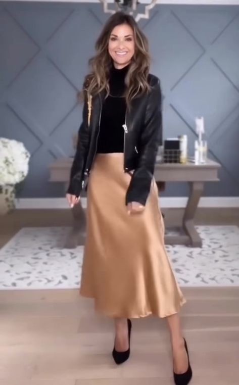 How To Wear Silk Midi Skirt, Satin Gold Skirt, Gold Skirt Outfit Ideas, Blush Satin Skirt Outfit, Long Gold Skirt Outfit, Creme Satin Skirt Outfit, Gold Slip Skirt Outfit, Tan Silk Skirt Outfit, Rust Satin Skirt Outfit