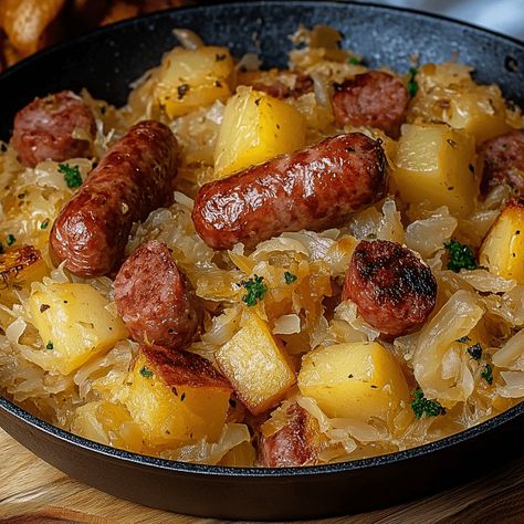 Sausage Potato And Sauerkraut, Fresh Kielbasa And Sauerkraut Crockpot, Sausage Sauerkraut Recipes, Polish Sausage Meals, Sour Kraut Recipe, Sauerkraut And Sausage Recipes, Meals With Sauerkraut, Sour Kraut Recipes Meals, Sourkraut And Sausage