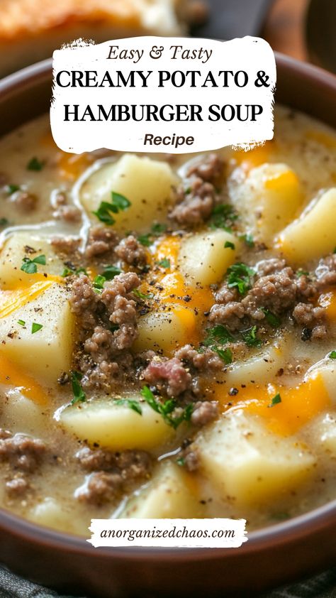 Creamy Potato Hamburger And Potato Soup, Cheesy Hamburger Potato Soup, Potato Hamburger Soup, Hamburger In Crockpot, Cold Weather Dinner, Hamburger Soup Recipe, Hamburger Potato Soup, Ground Beef Potatoes, Hamburger And Potatoes