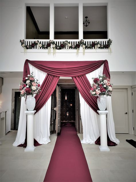 Wedding Draping Backdrop, Burgundy And White Wedding, Burgundy Backdrop, Church Wedding Decorations Aisle, Wedding Ceremony Decorations Church, White Ceremony, Burgundy Wedding Theme, Burgundy Party, Wedding Draping