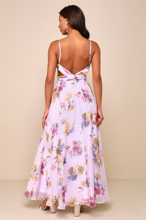 The Lulus Exceptional Dream Lavender Floral Backless Cutout Maxi Dress is ready to bring undeniable elegance wherever you go this spring! A romantic, multicolored floral print adorns gauzy woven chiffon as it shapes this darling dress that boasts a princess-seamed bodice with a flirty surplice neckline and a backless design, all supported by adjustable spaghetti straps. A pleated, crisscrossing waist boasts sultry side cutouts, atop a flowy, A-line skirt that cascades down to a sweeping maxi hem. Hidden back zipper/clasp. Fit: This garment fits true to size. Length: Floor length. Size medium measures 53" from adjustable straps to hem. Bust: Great for any cup size. Waist: Fitted - very fitted at natural waist. Hip: Not Fitted - fuller skirt allows room for hips. Undergarments: May be worn w Purple Floral Bridesmaid Dresses, Lavender Bridesmaid Dresses, Backless Maxi Dress, Maid Of Honour Dresses, Summer Wedding Guests, Summer Wedding Outfits, Lulu Fashion, Cutout Maxi Dress, Lavender Floral