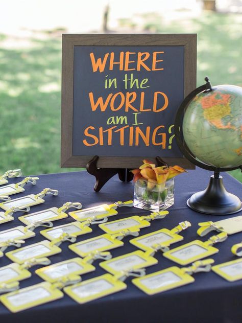 Even Carmen Sandiego would obsess over this 'Where In The World Am I Sitting?' seating chart paired with luggage tags as escort cards for your travel-themed wedding. Travel Inspired Wedding, Travel Bridal Showers, Wedding Table Themes, Travel Party Theme, Card Table Wedding, Dream Destination Wedding, Travel Theme Wedding, Have Inspiration, Travel Party