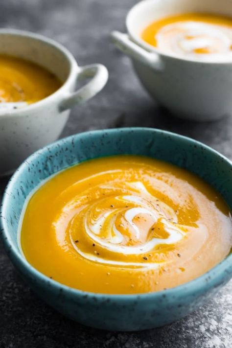 ULTRA Creamy Butternut Squash Soup (35 min) | Sweet Peas & Saffron Maple Butternut Squash Soup, Maple Butternut Squash, Creamy Butternut Squash Soup, Healthy Butternut Squash, Butternut Squash Soup Recipe, Butternut Squash Cubes, Creamy Butternut Squash, Butternut Squash Recipes Soup, Squash Soup Recipe