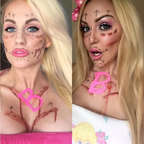 Botched barbie Halloween makeup @mrskittensmcgill and @mrsmurphy16 Botched Barbie Halloween Costume, Botched Barbie Halloween, Halloween Barbie Makeup, Botched Barbie, Barbie Halloween Makeup, Cosmetic Inspiration, Barbie Halloween Costume, Bff Halloween Costumes, Barbie Halloween