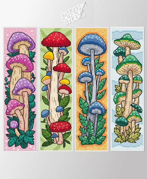 "The toadstool magic mushroom bookmark set cross stitch pattern is available in PDF. Unique handmade bookmark set are perfect for book lover gifts. This fall botanical embroidery bookmark set is perfect as a readers gift. The bookmark can be embroidered on plastic canvas or Aida fabric. This book accessory will help you mark pages while reading. GENERAL INFORMATION for each bookmark from the set: Bookmark №1 - 15 Colours DMC Stitches: 30 x 128 - 16 count Aida fabric -> Size: 1.88 x 8.00 inches or 4.76 x 20.32 cm Bookmark №2 - 14 Colours DMC Stitches: 30 x 128 - 16 count Aida fabric -> Size: 1.88 x 8.00 inches or 4.76 x 20.32 cm Bookmark №3 - 14 Colours DMC Stitches: 30 x 128 - 16 count Aida fabric -> Size: 1.88 x 8.00 inches or 4.76 x 20.32 cm Bookmark №4 - 14 Colours DMC Stitches: 30 x 12 Magical Cross Stitch, Cross Stitch Patterns Books, Book Mark Cross Stitch, Pixel Art Bookmark, Flower Grid Pattern, Cross Stitch Bookmark Patterns, Book Cross Stitch Pattern, Mushroom Bookmark, Embroidery Bookmark