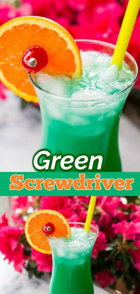 The Green Screwdriver is a great summertime cocktail that's perfect for lounging on the deck or at the pool. Made with Vodka, Curacao, Orange Juice and lemon lime soda, it's a fabulously simple cocktail to put to make. #vodka #cocktails #cocktailtime #recipe #lemonlime #drink Screwdriver Drink, Screwdriver Cocktail, Green Cocktails, Cocktails Vodka, Disney Cocktails, Easy Mixed Drinks, Summertime Cocktail, Simple Cocktail, Alcholic Drinks