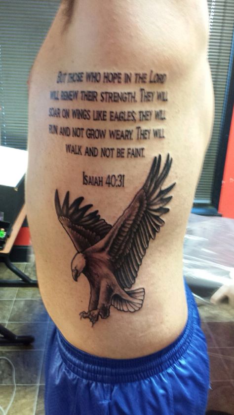 My son tattoo Derrick Ezekiel 25:17 Tattoo, Genesis 27:3 Hunting Tattoo, Under His Wings You Will Find Refuge Tattoo, Eagle Bible Verse, Wings Of Eagles Scripture, Biblical Tattoos, Tattoo For Son, Tattoo Quotes, Tattoos