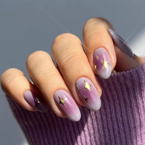 Purple And Silver Nails Acrylic, Silver Pink Nails, Purple Yellow Nails, Dark Purple Nail Designs, Fall Aura, Nail Designs Hot Pink, Aura Nail, Nails With Stars, Colorful Aura