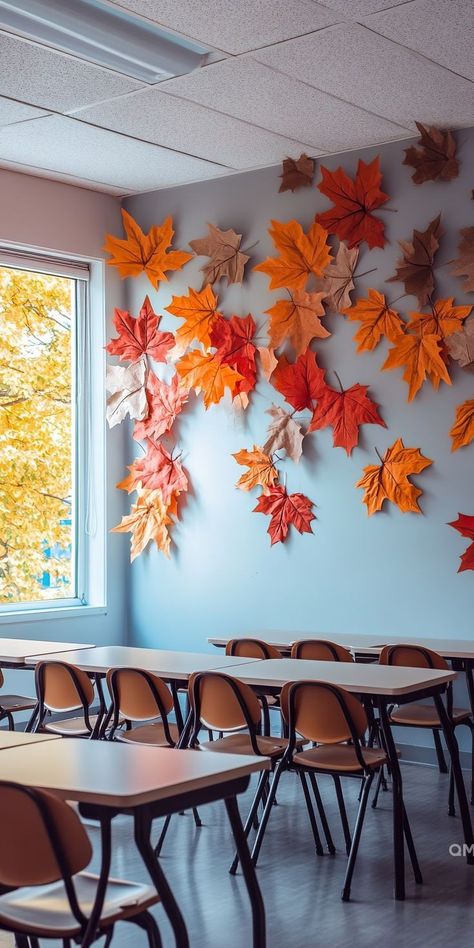 Autumn In Classroom, Halloween Decoration Ideas For School, Fall Theme Classroom Decorations, Fall Archway Decor, Fall Decor Classroom, Autumn Classroom Decorations, Red Classroom Decor, Fall Office Decorations, School Classroom Design