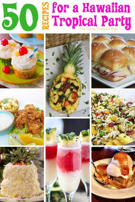 50 Recipes for a Hawaiian Tropical Party So many delicious recipes to make for a Hawaiian Tropical party - with burgers, sandwiches, salads, sides, desserts, and cocktails! Save this for when you throw a Hawaiian Party! http://www.thepurplepumpkinblog.co.uk/2016/06/recipes-hawaiian-tropical-party.html Tropical Food Recipes, Recipes For A Party, Hawaiian Party Food, Tropisk Fest, Luau Party Food, Hawaiian Drinks, Luau Food, Hawaiian Dishes, Tropical Food