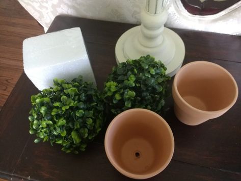 Terracotta pots, boxwood balls, and floral foam Textured Spray Paint, Mantle Styling, Topiary Diy, Faux Boxwood, Boxwood Balls, Wood Pots, Boxwood Topiary, Topiaries, Floral Foam