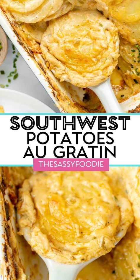 This Southwest Au Gratin Potatoes recipe is cheesy, hearty, and downright delicious! Tender potatoes are baked until golden brown and bubble in a delicious, cheesy and tangy sauce, packed with some of your favorite Southwestern flavors, perfect for weeknight dinners or Christmas and Thanksgiving, too! Golden Potato Recipes, Cheesy Au Gratin Potatoes, Au Gratin Potatoes Recipe, Gratin Potatoes Recipe, Mexican Potatoes, Au Gratin Potatoes, Au Gratin Potato Recipes, Family Breakfast Recipes, Gratin Potatoes