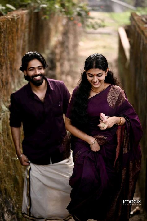 Onam Dress, Couples Candid Photography, Onam Outfits, Pre Wedding Photoshoot Outfit, Engagement Photography Poses, Pre Wedding Photoshoot Outdoor, Photos Poses, Pre Wedding Poses, Couple Dress