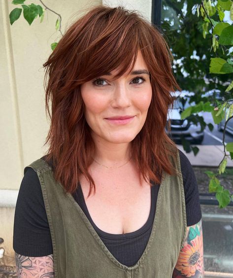 Image 1 of 1 Celebrity Shag Haircut, Shag Medium Haircut, Modern Shag Haircuts Shoulder Length, Lob Shag Haircut, Plus Size Shag Haircut, Shaggy Medium Hair With Bangs, Shag Haircut Medium, Layered Cut With Bangs, Shoulder Length Haircuts For Women