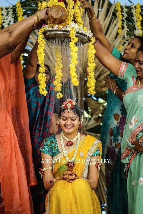 Haldi ceremony Haldi Ceremony Outfit South Indian, Mangalasnanam Outfit For Bride, Haldi Water Splash, Telugu Haldi Ceremony, South Indian Haldi Ceremony, Haldi Ceremony Outfit, Haldi Function, Bridal Photography Poses, Marriage Decoration