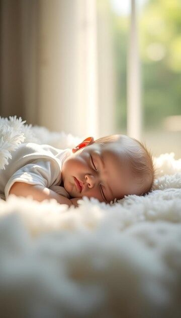 A baby is sleeping on a white blanket with a window behind it | Premium AI-generated image Hijab Photo, Yoga Photos, Newborn Shoot, Free Business Card Mockup, White Blanket, Family Fashion, Business Card Maker, 2025 Vision, Presentation Template Free