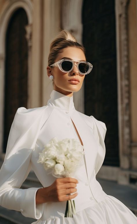 A bride, adorned in stylish sunglasses, stands outdoors, her look influenced by the artistry of Mars Ravelo and the sleek designs of Giuseppe Camuncoli. The scene captures a modern take on bridal elegance, with a touch of Y2K flair. Bride With Sunglasses, Bridal Sunglasses, Bride Styled Shoot, Bride Sunglasses, Outdoor Celebration, Classy Wedding, Dreamy Wedding, Bride Style, Y2k Aesthetic