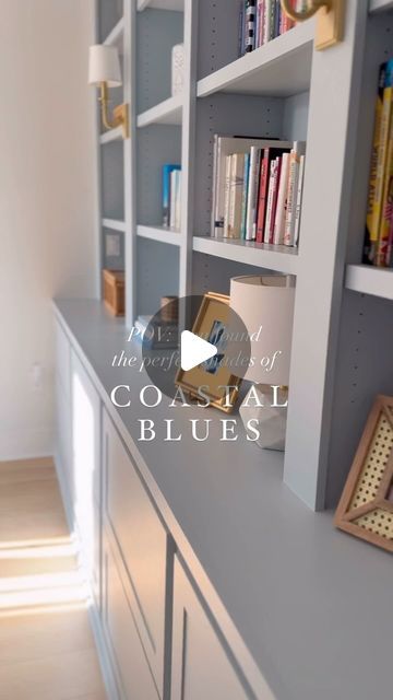 Amy - Classic Coastal Home & Preppy Style 💙🤍 on Instagram: "✨SAVE this post for future reference and I hope you’ll FOLLOW along @PalmettoPorchatHome if you aren’t already.

By far my most asked questions are - what are the blue paint colors in my home.💙

I’ve taken a lot of time to perfect the perfect classic coastal blues for my home and wanted to share in one place:

💙FRONT DOOR: 

Sherwin-Williams Honest Blue (at 75% strength)

💙POWDER ROOM: 

Farrow & Ball Parma Gray

💙BUILT-IN: 

Farrow & Ball Parma Gray (at 75% strength)

💙LAUNDRY ROOM: 

This color is a stock color by the cabinet company @wellborncabinet (Aqua); however I have color-matched them and I believe Benjamin Moore Santorini Blue is a pretty spot on match. 

Do you have a favorite blue paint color?💙💙

You can alway Santorini Blue Sherwin Williams, Santorini Living Room, Benjamin Moore Santorini Blue, Sherwin Williams Blue Gray Paint, Parma Gray, Coastal Blues, Blue Paint Color, Santorini Blue, Classic Coastal