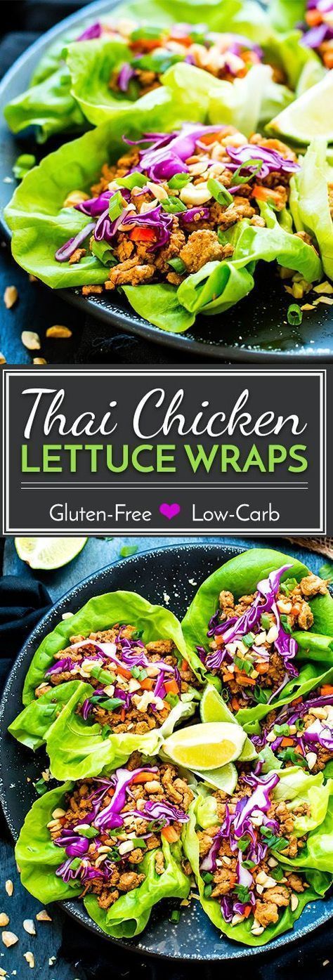 Ground Chicken Thai Lettuce Wraps are a healthy, gluten-free and low-carb lunch or dinner recipe. These chicken lettuce wraps are full of crunchy peanuts, carrots, and tons of Thai flavor! Thai Lettuce Wraps, Thai Chicken Lettuce Wraps, Salat Wraps, Chicken Thai, Japanese Diet, Diner Recept, Chicken Lettuce Wraps, Carb Free, Low Carb Lunch